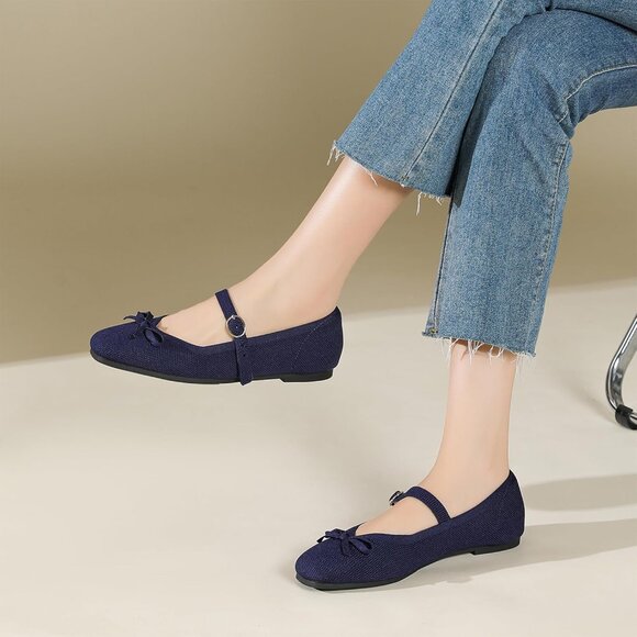 Women Dark Blue Fabric Upper And Rubber Sole Ballet Flats With Ankle Strap - Picture 7 of 7